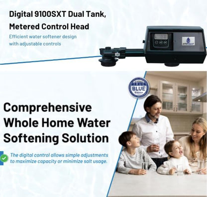 AFWFilters Premium Purolite C100E Resin Fleck 9100SXT Twin Tank Dual Metered, On Demand Water Softener, 48,000 Grains per Tank, 96,000 Grains Total Capacity, 24/7 Soft Water, Complete System