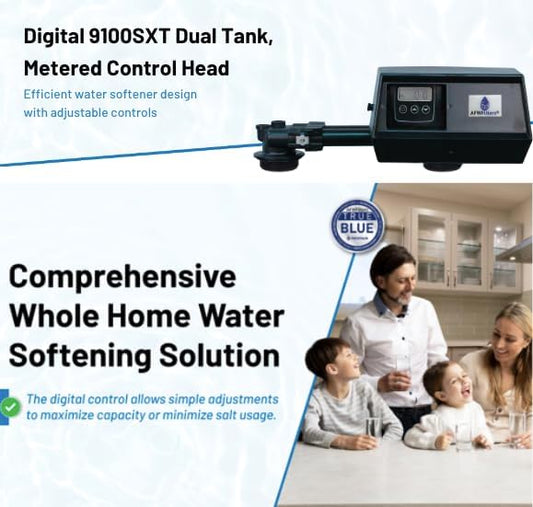 AFWFilters Premium Purolite C100E Resin Fleck 9100SXT Twin Tank Dual Metered, On Demand Water Softener, 48,000 Grains per Tank, 96,000 Grains Total Capacity, 24/7 Soft Water, Complete System