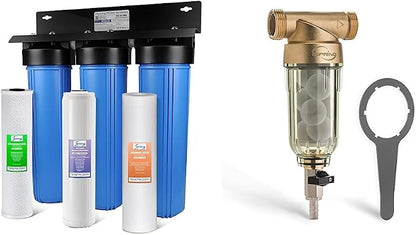 iSpring Whole House Water Filter System w/Sediment, Polyphosphate Anti-Scale, and Carbon Block Water Filters & WSP-50SL Reusable Whole House Spin Down Sediment Water Filter Softener, 50 Micron