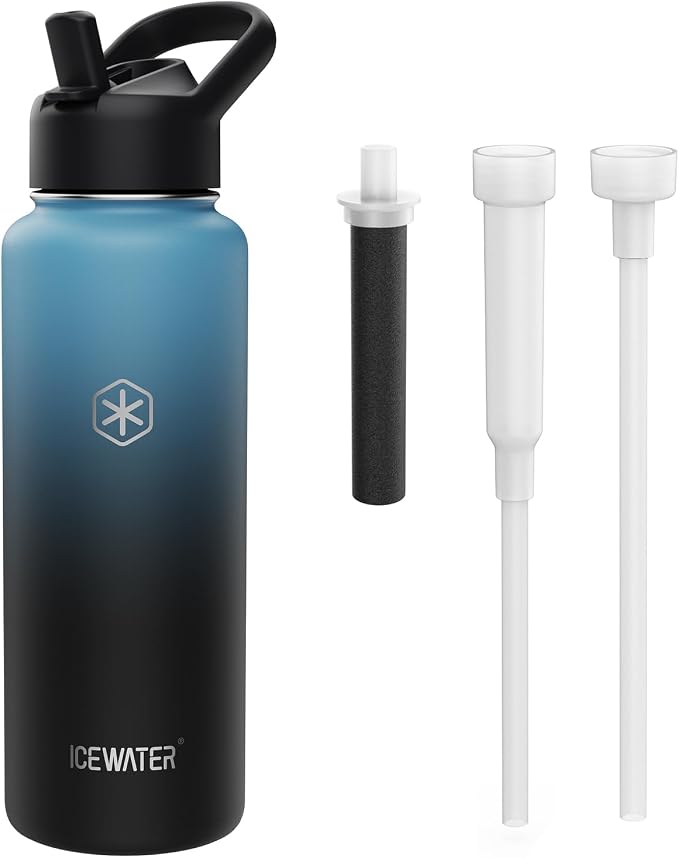 ICEWATER 40 oz Versatile Water Bottle, Regular & Filtered Straw with Filter | Reduces Chlorine Taste & odor, Removes Microplastics and Particulates, Ideal for Travel, Stainless Steel Insulated, BPA-Free