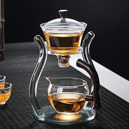 RORA Glass Teapot Set Semi Automatic Drip Rotating with Infuser Lazy Kungfu Tea pot Set (Glass)