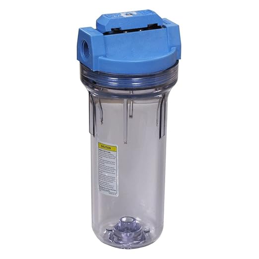 Pentair Pentek 150437 Valve-In-Head Filter Housing, 3/4" NPT #10 Standard Water Filter Housing with Pressure Relief Button, 10-Inch, Blue/Clear