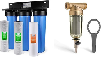 iSpring WGB32B 3-Stage Whole House Water Filtration System w/ 20-Inch Sediment and Carbon Block Filters & WSP-100 Reusable Whole House Spin Down Sediment Water Filter, 1" MNPT + 3/4" FNPT, Brass