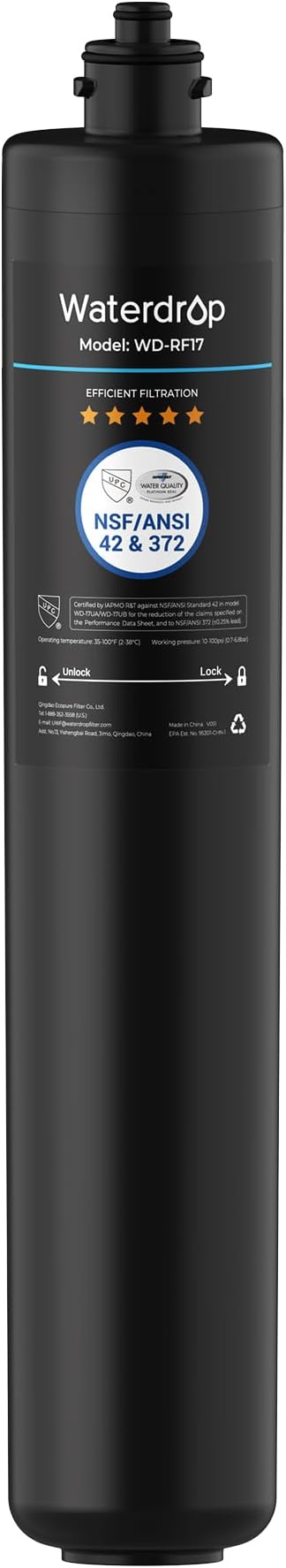 Waterdrop RF17 Water Filter Replacement for Waterdrop 17UA/17UB Under Sink Water Filter, Reduces PFOA/PFOS, PFAS, Lead, Chlorine, Bad Taste & Odor, NSF/ANSI 42 Certified, 3 Years
