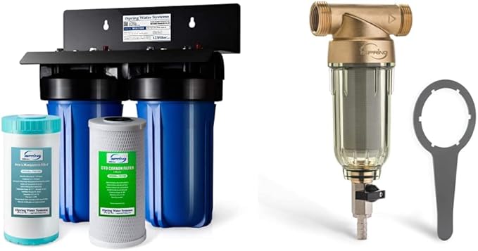 iSpring WGB21BM 2-Stage Whole House Water Filtration System, 10”x4.5” & Manganese Reducing Filters, 1" Ports & WSP-100 Reusable Whole House Spin Down Sediment Water Filter, 1" MNPT + 3/4" FNPT, Brass