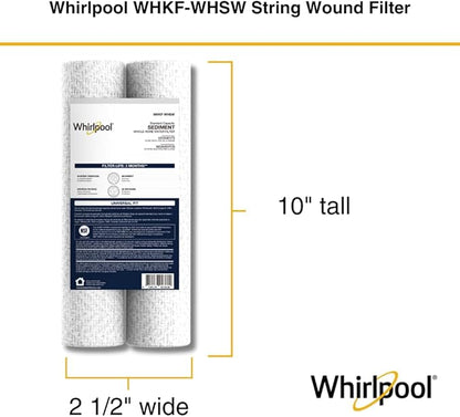 Whirlpool 35-Micron 10" x 2.5" String Wound Whole House Water Filters, NSF Certified Filtration Reduces Sediment for Well Water, WHKF-WHSW, 2-Pack