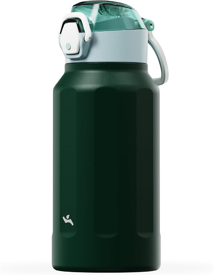 Konokyo FLOWPLAY 26oz Locking Push-Button Water Bottle with Silicone Spout,Leak-Proof,18/8 Stainless Steel Double-Wall Vacuum Insulated for Sports and Travel,BPA-Free,Dark Green