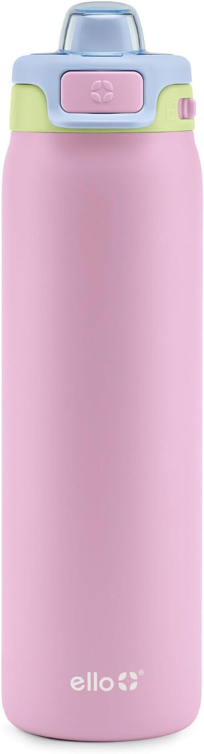 Ello Pop & Fill 22oz Stainless Steel Water Bottle with Quick Fill Technology, Double Walled and Vacuum Insulated Metal, Leak Proof Locking Lid, Sip and Chug, Reusable, BPA Free, Rosy Skyline