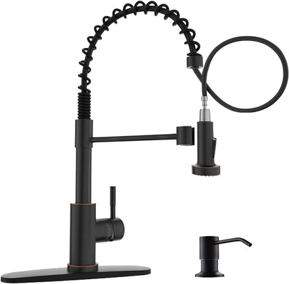 APPASO Spring Style Kitchen Faucet with Soap Dispenser Oil Rubbed Bronze | NSF/ANSI/CAN 372 & Lead-free, Kitchen Sink, Single Handle Commercial Faucet with Pull Down Sprayer for Kitchen Laundry RV