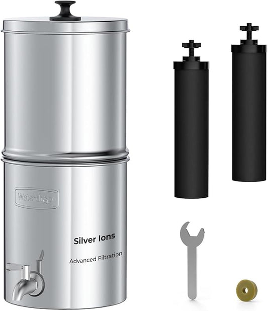 Waterdrop TK-AB Gravity Water Filter System, NSF/ANSI 42&372 Standard, Reduces Chlorine, Stainless-Steel System with Silver Ions Enhanced Filtration with 2 Black Carbon Filters, 2.25G