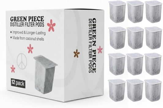 Green Piece® Filter Pods for Countertop Water Distiller – 12 Pack (24-Month Supply) Activated Coconut Shell Carbon – Removes Chlorine, VOCs & Odors – Long-Lasting Distiller Filter Replacement