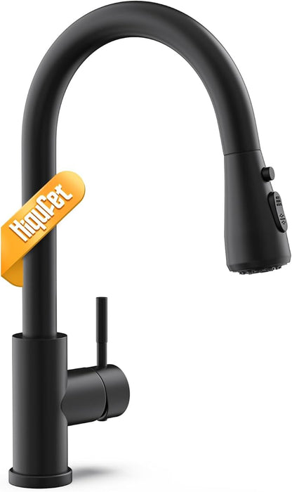 Hiqufet Black Kitchen Faucet with Pull Down Sprayer, Rv Kitchen Sink Faucets for Pot Filler, Farmhouse Camper Bar Sink Laundry Room, Fingerprint Resistant Single Hole Single Handle Stainless Steel