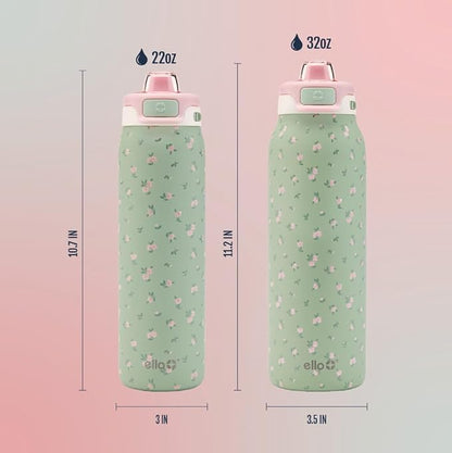 Ello Pop & Fill 32oz Stainless Steel Water Bottle with QuickFill Technology, Double Walled and Vacuum Insulated Metal, Leak Proof Locking Lid, Straw and Chug, Reusable, BPA Free, Full Bloom