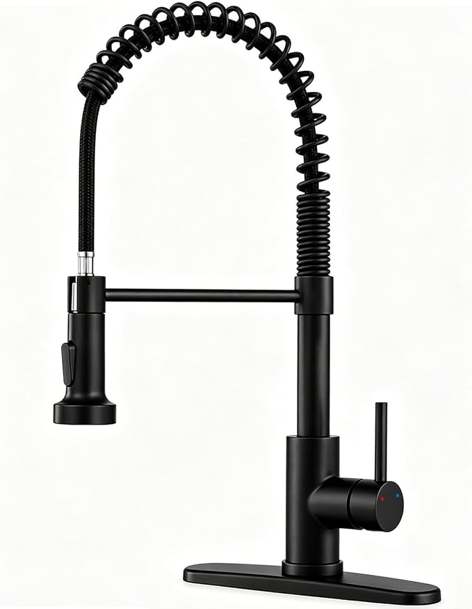 Matte Black Kitchen Faucet with Pull-Down Sprayer — Commercial Spring High-Arc Single-Handle Sink Faucet, Fits 1 or 3 Hole for Farmhouse, Bar, Camper and Laundry Room