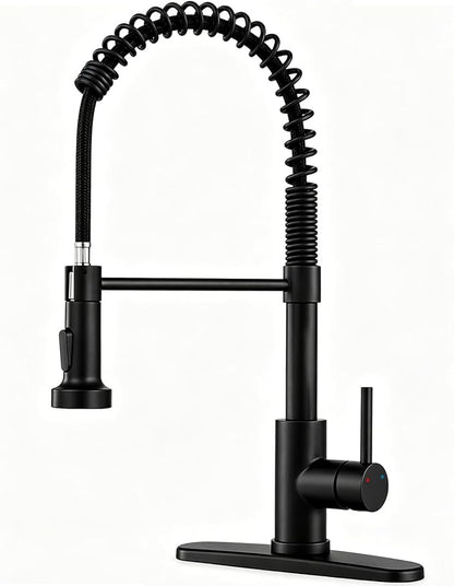 Matte Black Kitchen Faucet with Pull-Down Sprayer — Commercial Spring High-Arc Single-Handle Sink Faucet, Fits 1 or 3 Hole for Farmhouse, Bar, Camper and Laundry Room