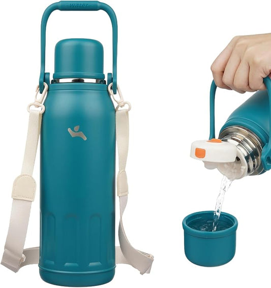 Konokyo Insulated Water Bottle with Handle and Strap,Vacuum Travel Tumbler with Cup Lid,Thermo Coffee Cup for Hot Cold Drinks 50 OZ,Lake Blue