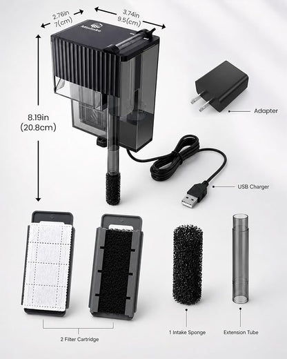 Small Fish Tank Filter | Hang on Back Filter up to 5 Gallon Nano Aquarium Adjustable Flow for Betta Shrimp Tank