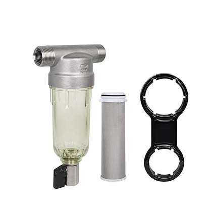 Amwater 304 Stainless Steel 40 Micron Spin Down Water Filter, Whole House Spin Down Sediment Water Filter, Reusable Flushable Pre-Filtration System, 3/4" MNPT + 1/2" FNPT, BPA Free
