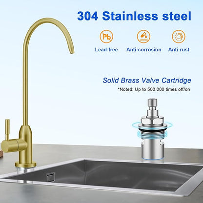Drinking Water Faucet - Long Thread Stem Filtered Water Tap for Thick Countertop,Lead-Free RO Faucet with Hose and Quick Connect Fittings(Matte Gold)