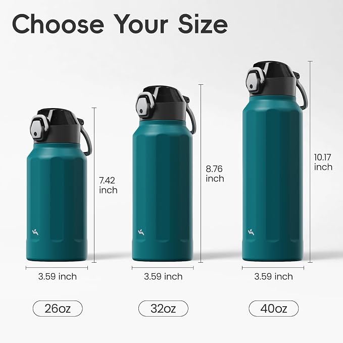 Konokyo FLOWPLAY 32oz Locking Push-Button Water Bottle with Silicone Spout,Leak-Proof,18/8 Stainless Steel Double-Wall Vacuum Insulated for Sports and Travel,BPA-Free,Lake blue