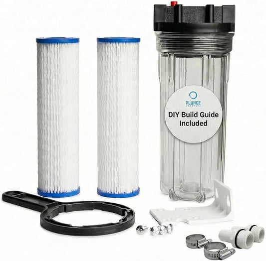 Cold Plunge Water Filter System, 10" Housing with 3/4" NPT Ports, 2× 50 Micron Pleated Filters, Mounting Kit & Wrench, Inline Sediment Filtration for Ice Baths, Whole House, Pool or Spa Use