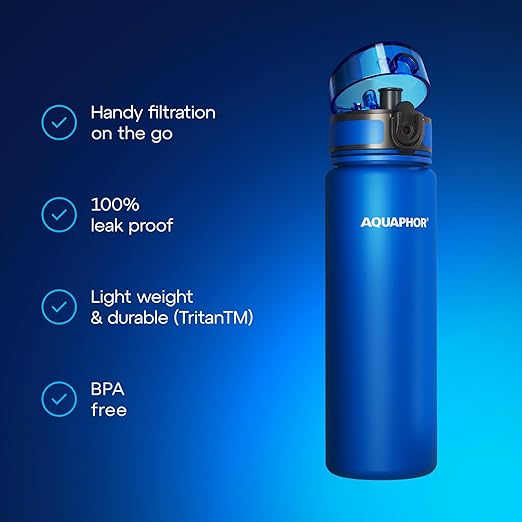 AQUAPHOR City Water Filter Bottle 500 ml | Portable Filtered Water Bottle with Integrated Water Purifier | BPA-Free | Reusable Bottle with Water Filter for Camping, Travel & Outdoor Use | Blue