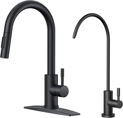 FORIOUS Kitchen Faucet and Water Filter Faucet Combo, Stainless Steel Traditional Sink Faucet with Drinking Water Faucet Fits Reverse Osmosis, Water Filtration System and Pot Filler, Matte Black