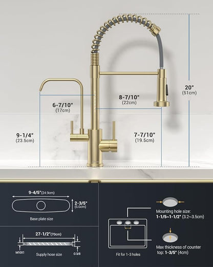 APPASO 3 Way Gold Kitchen Faucet with Water Filter | NSF/ANSI/CAN 372 & Lead-free 3 in 1 Kitchen Faucet for Farmhouse Laundry Camper RV Bar (Without Water Filtration Device)