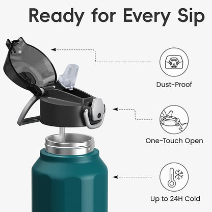Konokyo FLOWPLAY 26oz Locking Push-Button Water Bottle with Silicone Spout,Leak-Proof,18/8 Stainless Steel Double-Wall Vacuum Insulated for Sports and Travel,BPA-Free,Lake blue