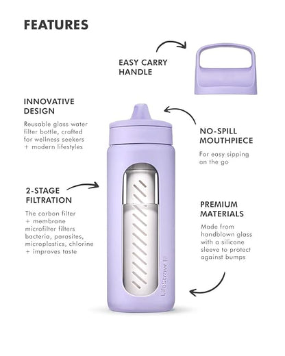 LifeStraw Go — Glass Water Filter Bottle Made from Hand-Blown Glass with Silicone Sleeve for Hydration at Home or on-the-go, 20 oz, Provence Purple