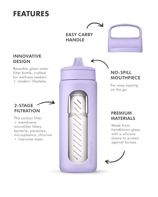 LifeStraw Go — Glass Water Filter Bottle Made from Hand-Blown Glass with Silicone Sleeve for Hydration at Home or on-the-go, 20 oz, Provence Purple