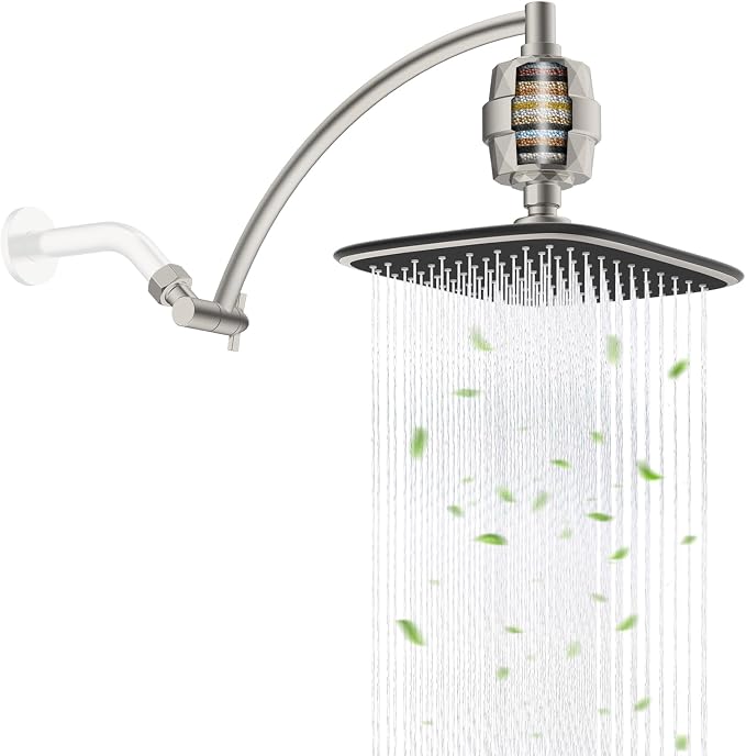 iFealClear Filtered Rain Shower Head with 12" Shower Extension Arm, 10" High-Pressure Boosting Rainfall Showerhead, Metal Shower Head Extender Adjustable Height/Angle, Easy to Install, Brushed Nickel