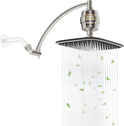 iFealClear Filtered Rain Shower Head with 12" Shower Extension Arm, 10" High-Pressure Boosting Rainfall Showerhead, Metal Shower Head Extender Adjustable Height/Angle, Easy to Install, Brushed Nickel