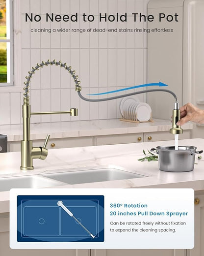 APPASO Gold Kitchen Faucet with Pull Down Sprayer and Soap Dispenser | Single Handle High Arc Spout, NSF Certified 1 or 3 Hole Installation, for Kitchen Sink Farmhouse RV Laundry Camper