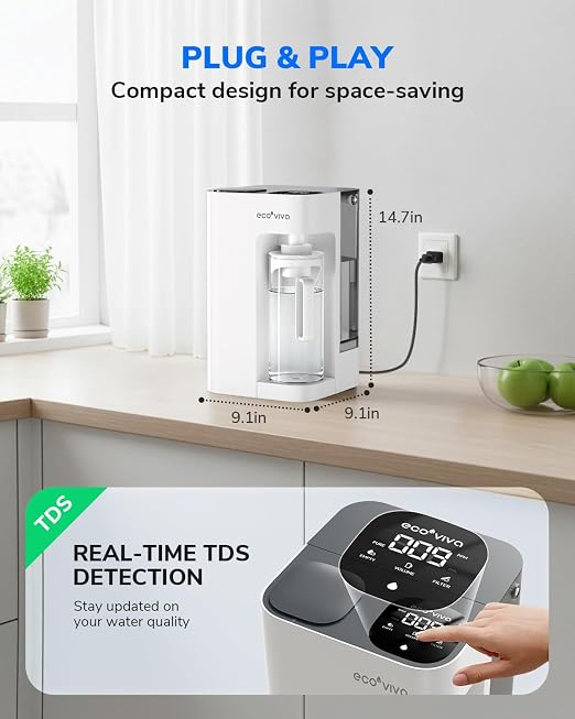 Ecoviva Mate 3 UV Countertop Reverse Osmosis Water Filter with 2 Auto-Fill Pitchers, 9-Stage RO Filtration System, Installation-Free, Reduces TDS, 3:1 Pure-to-Drain Ratio, Home & Kitchen, White