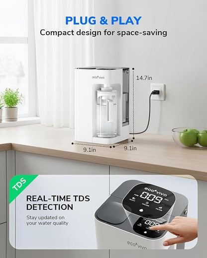 Ecoviva Mate 3 UV Countertop Reverse Osmosis Water Filter with 2 Auto-Fill Pitchers, 9-Stage RO Filtration System, Installation-Free, Reduces TDS, 3:1 Pure-to-Drain Ratio, Home & Kitchen, White