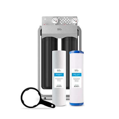 Brio Whole House Water Filter System for Heavy Metal Reduction w/Gauges | 2 Stage Fast-Flow Filtration (Sediment, GAC + KDF) 4.5" x 20" Filters | Improves Taste & Protects Home Appliances | 900 GPH