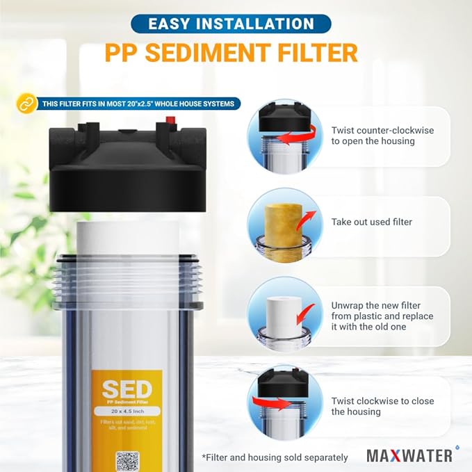 Max Water 5 Micron 20 x 2.5 Sediment Water Filter Cartridge Replacement Polypropylene Cartridge for Whole House Water Filtration/Water Softener Systems - 6 Pack