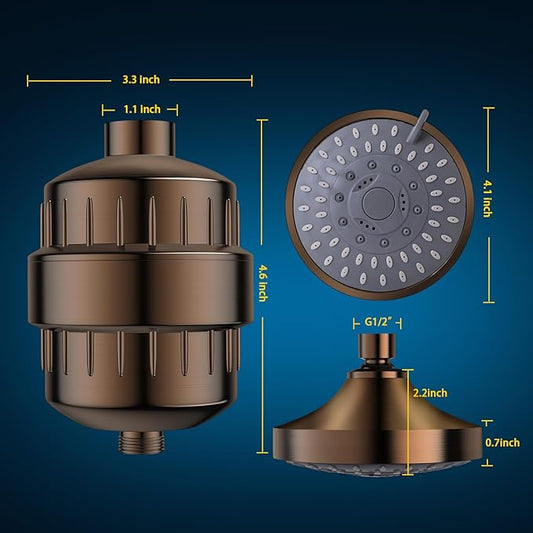 Shower Head and 15 Stage Shower Filter Combo, FEELSO High Pressure 5 Spray Filtered Showerhead with Water Softener Filters for Hard Water Remove Chlorine and Harmful Substances (Oil Rubbed Bronze)