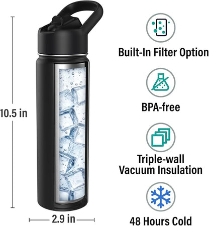 ICEWATER 24 oz Versatile Water Bottle, Regular & Filtered Straw with Filter | Reduces Chlorine Taste & odor, Removes Microplastics and Particulates, Ideal for Travel, Stainless Steel Insulated, BPA-Free
