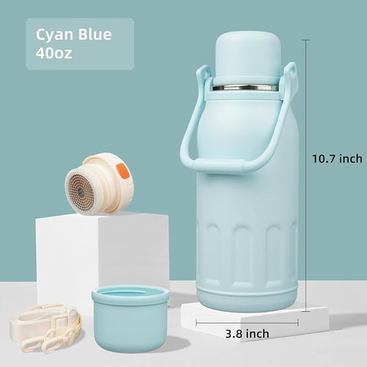 Konokyo Insulated Water Bottle with Handle and Strap,Vacuum Travel Tumbler with Cup Lid,Thermo Coffee Cup for Hot Cold Drinks 40 OZ,Cyan Blue