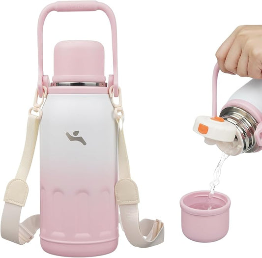 Konokyo Insulated Water Bottle with Handle and Strap,Vacuum Travel Tumbler with Cup Lid,Thermo Coffee Cup for Hot Cold Drinks 40 OZ,Pink Pearl