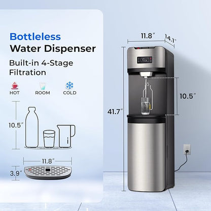 iSpring Bottleless Water Dispenser with 4-Stage Filtration, SGS-Tested 99% of PFAS Removal, Water Cooler Dispenser - Hot, Cold, Room Temp, Self Cleaning, Stainless Steel, Silver, Model: DS4S-PF