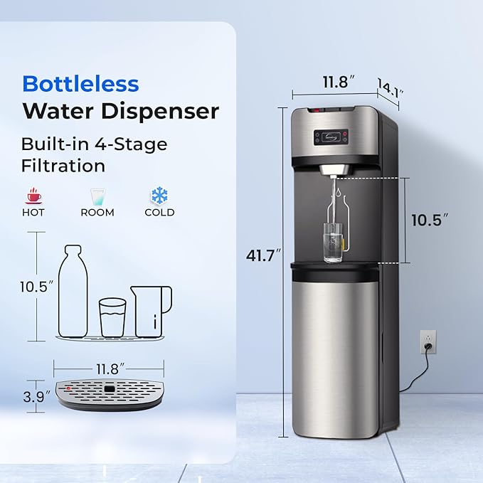 iSpring Bottleless Water Cooler Dispenser with 4-Stage Filtration, SGS-Tested 99% of PFAS, Lead, Chloramine Removal, Hot, Cold, Room Temp, Self Cleaning, Stainless Steel, Silver, Model: DS4S-MAX