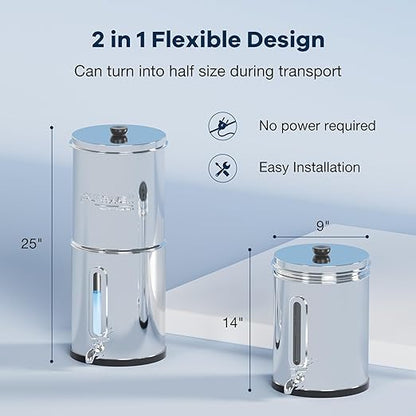 Purewell 3.5G Family-Sized Gravity Water Filter System, 3-Stage 0.01μm Ultra-Filtration Stainless Steel Countertop System with 4 Filters and Stand, Reduce 99% Chlorine, PW-3.5G
