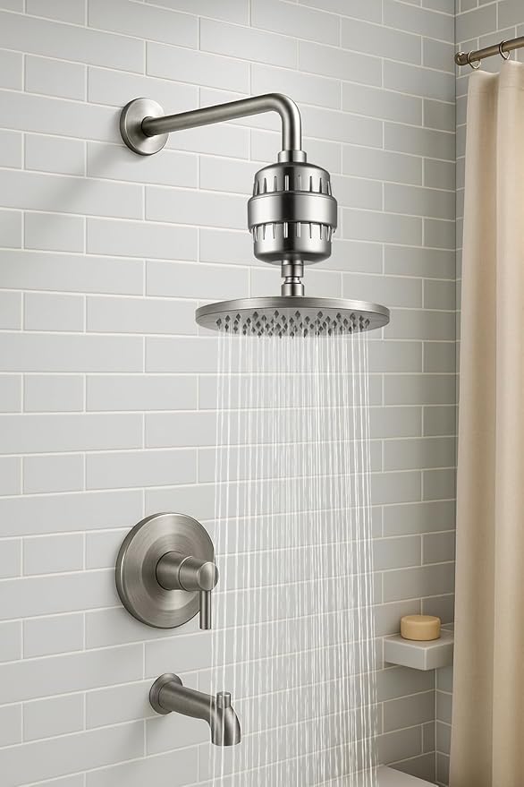 G-Promise 16 Stage Shower Filter For Hard Water, Reduces Chlorine and Fluoride, Improves Dry Skin, Universal With G1/2" Threads Design, Comes With a Replacement Cartridge (Brushed Nickel)