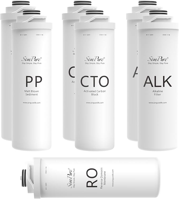 SimPure T1 Series 1-Year Replacement Filter Cartridge Pack Set for Model T1-400ALK Tankless Reverse Osmosis Water Filter System (2*PP + 2*CTO + 1*RO + 2*ALK)
