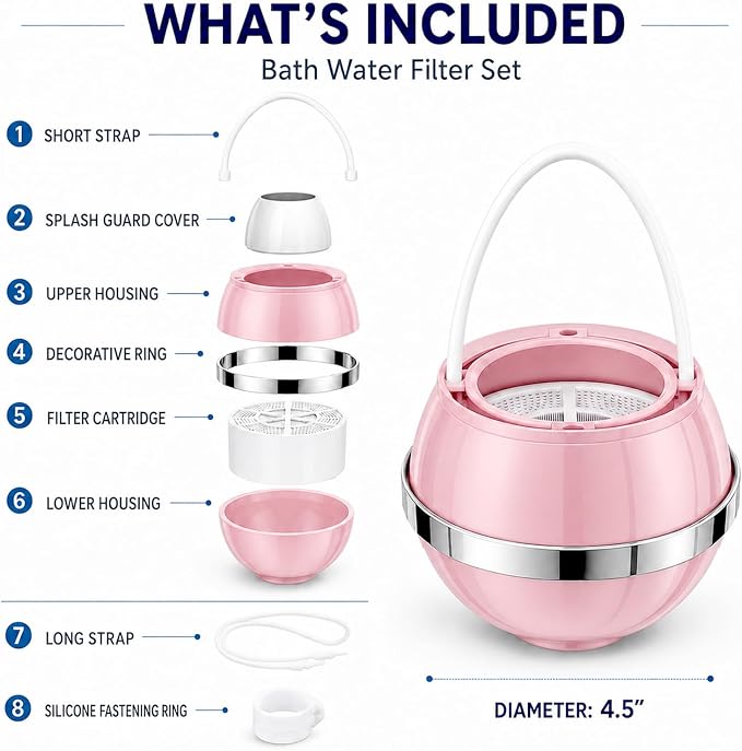 Bath Filter for Tub Faucet, Bathtub Water Filter, 3000 Gallons Bath Tub Filter, Hard Water Softener for Kids & Babies,Reduces Dry Itchy Skin,Eczema & Improve Skin, Hair & Nails Condition,Pink