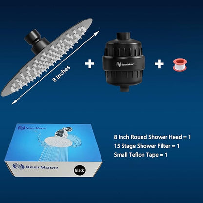 NearMoon Shower Head and 15 Stage Shower Filter Combo, High Pressure Filtered Shower for Hard Water, Improves the Condition of Your Skin, Hair (8 Inch, Black)
