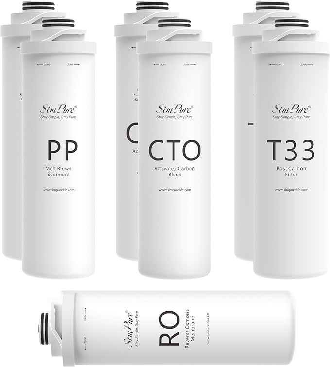 SimPure T1 Series 1-Year Replacement Filter Cartridge Pack Set for Model T1-400UV Tankless Reverse Osmosis Water Filter System (2*PP + 2*CTO + 1*RO + 2*T33)